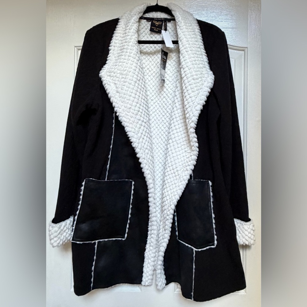 Wooly Bully Faux Suede Black Sherpa Shearling Sweater Jacket, XL